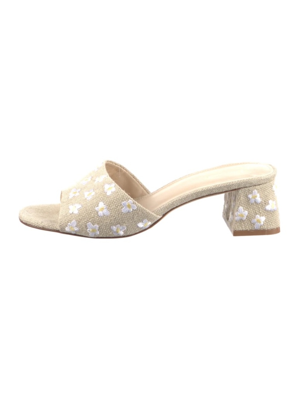 Larroude Beige Embroidered Floral Block Heel Mule